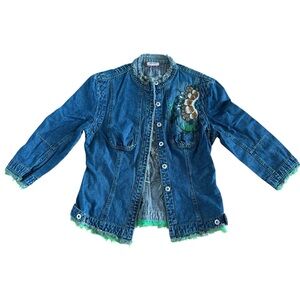 Max & Co. Denim Embroidered Jeans Jacket with Green Trim